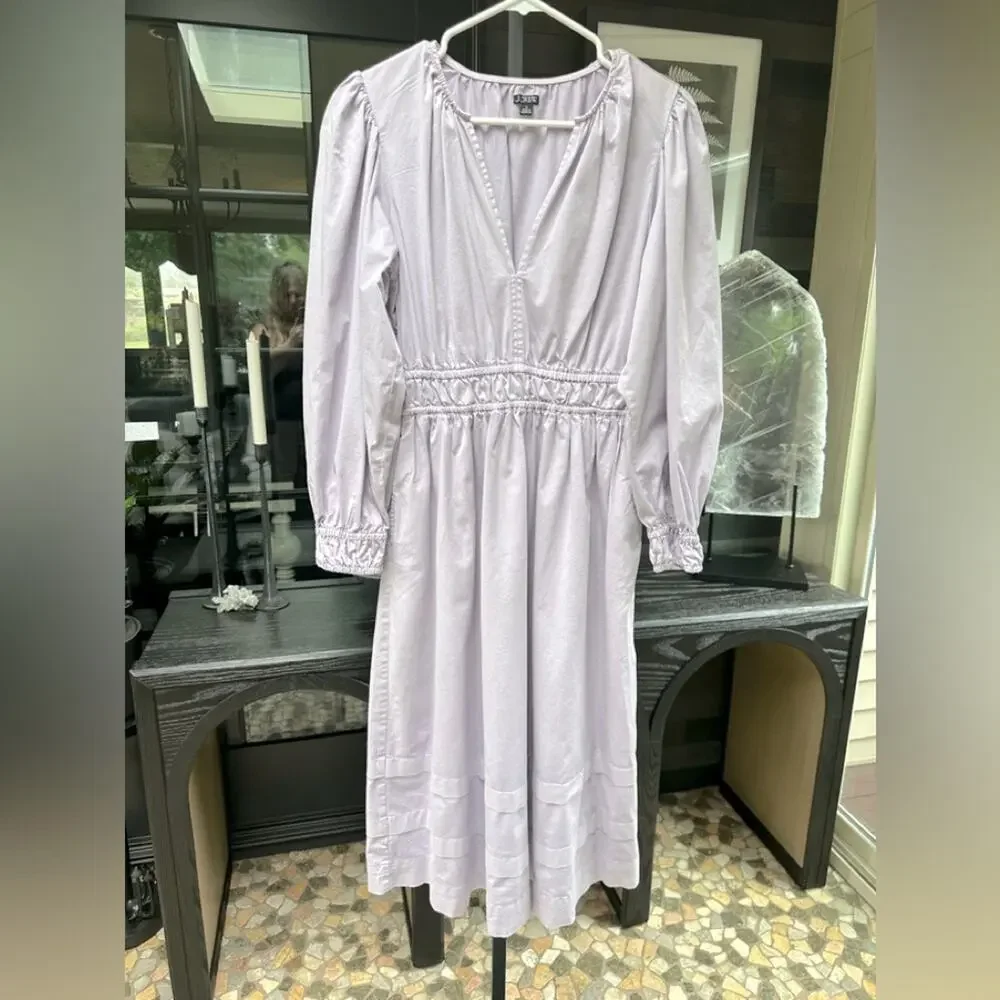 J. Crew Lavender Cotton Purple Smocked Gown with Bishop Sleeves Size Small